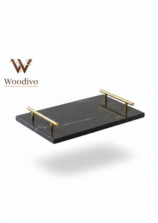 Woodivo Black Marble Ceramic Serving Tray with Elegant Gold Handles