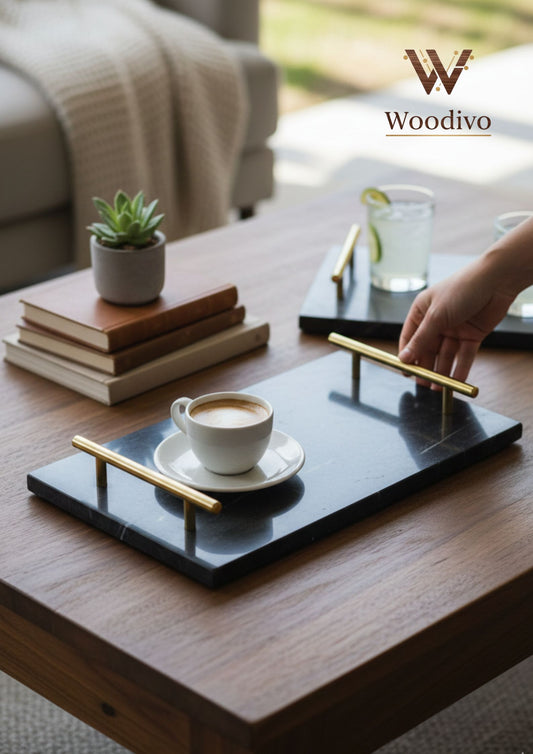 Woodivo Black Marble Ceramic Serving Tray with Elegant Gold Handles