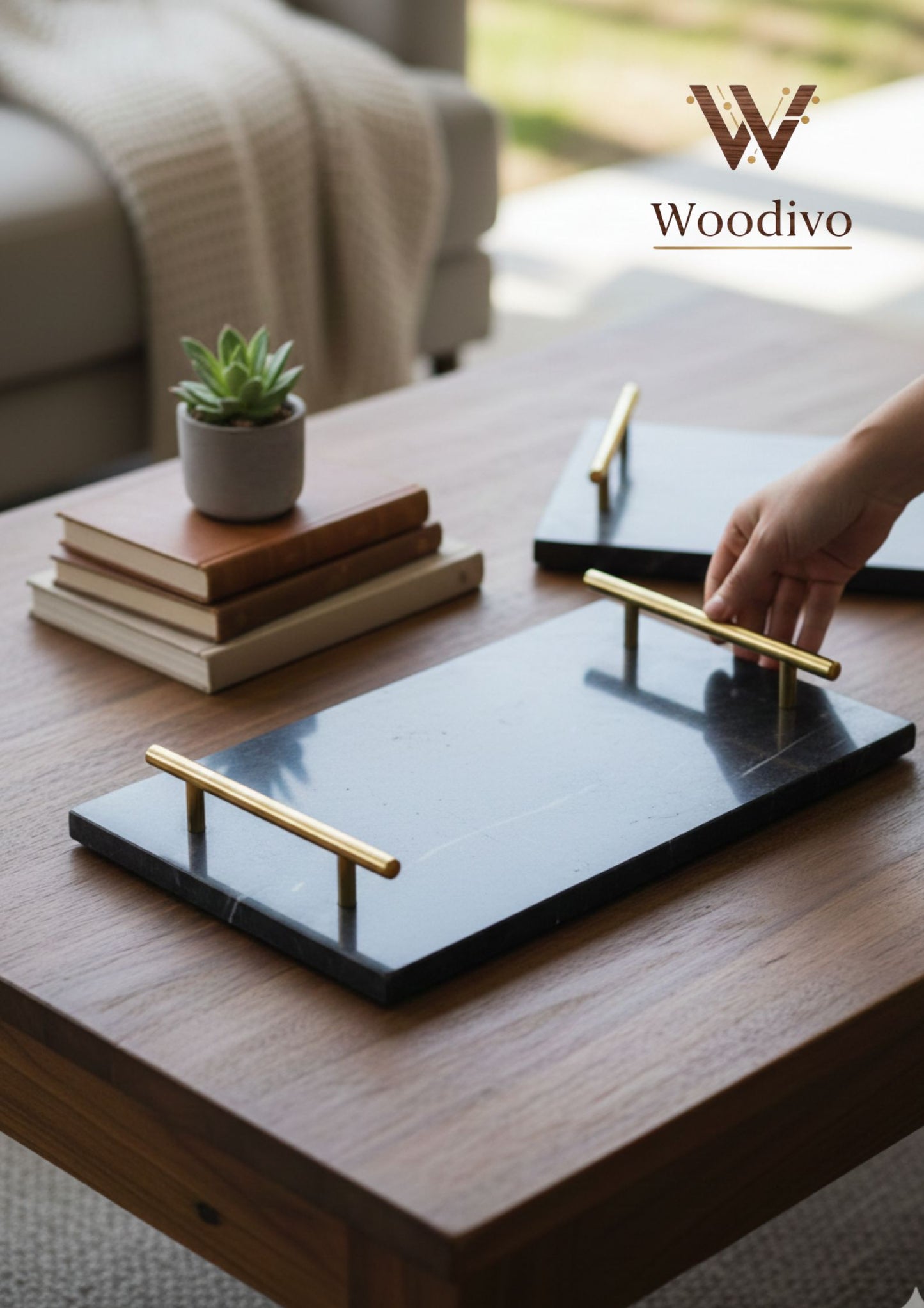 Woodivo Black Marble Ceramic Serving Tray with Elegant Gold Handles
