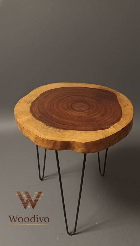 Handcrafted Live Edge Round Side Table – Natural Wood Slab with Modern Hairpin Legs