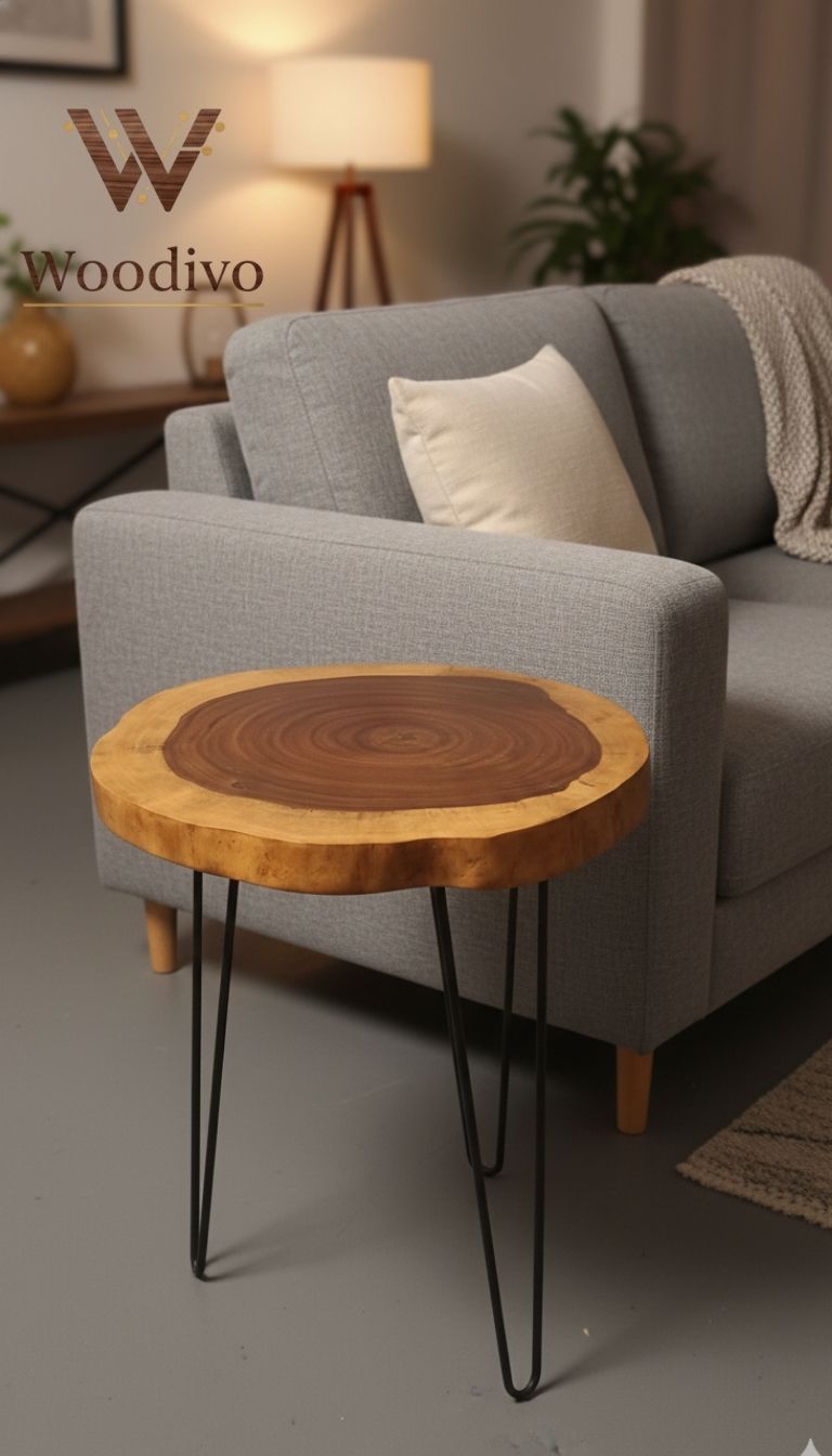 Handcrafted Live Edge Round Side Table – Natural Wood Slab with Modern Hairpin Legs