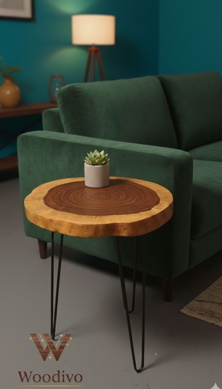 Handcrafted Live Edge Round Side Table – Natural Wood Slab with Modern Hairpin Legs