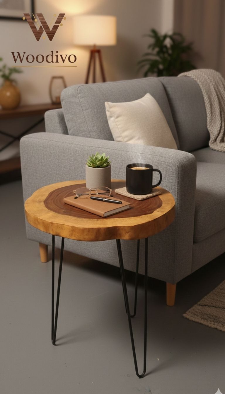 Handcrafted Live Edge Round Side Table – Natural Wood Slab with Modern Hairpin Legs